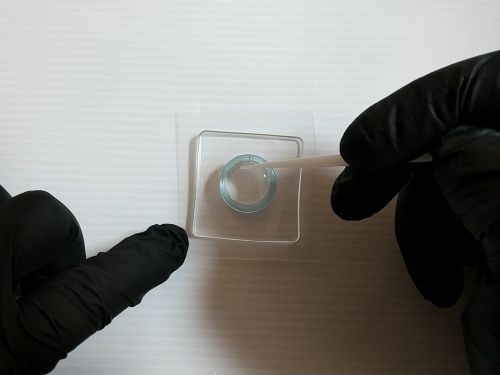 ②リングの片側にフィルムを貼り付ける