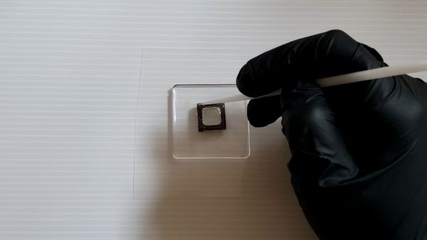 ②フィルムを接着して封入物を入れてコーティングする