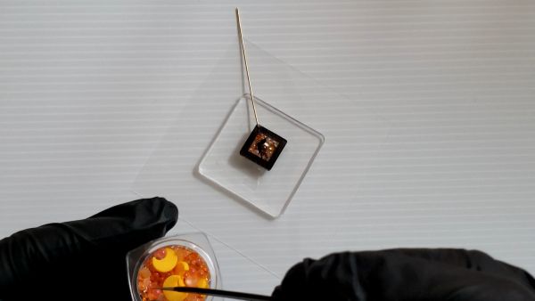②フィルムを接着して封入物を入れてコーティングする